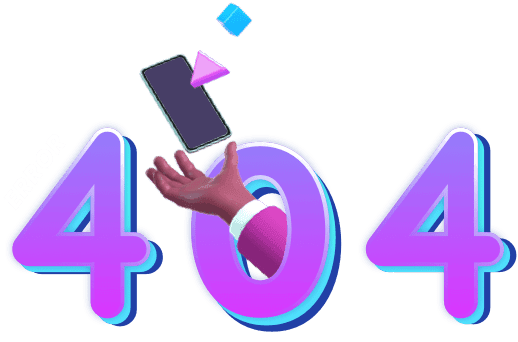 Image displayed for resource not found, bold text, 404, in purple with an illustration of a mobile phone and triangle shapes
